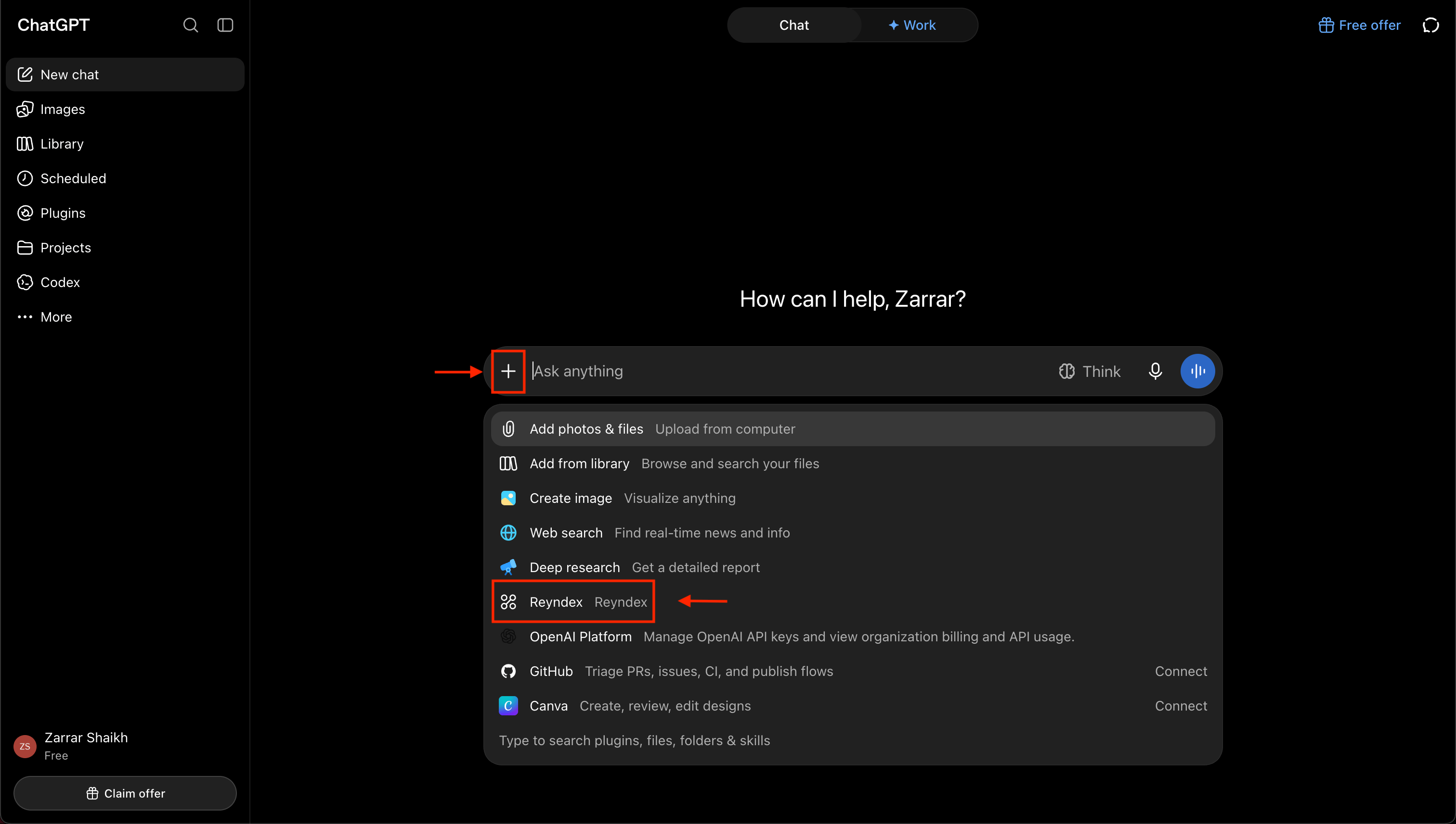 ChatGPT message composer menu with Reyndex highlighted