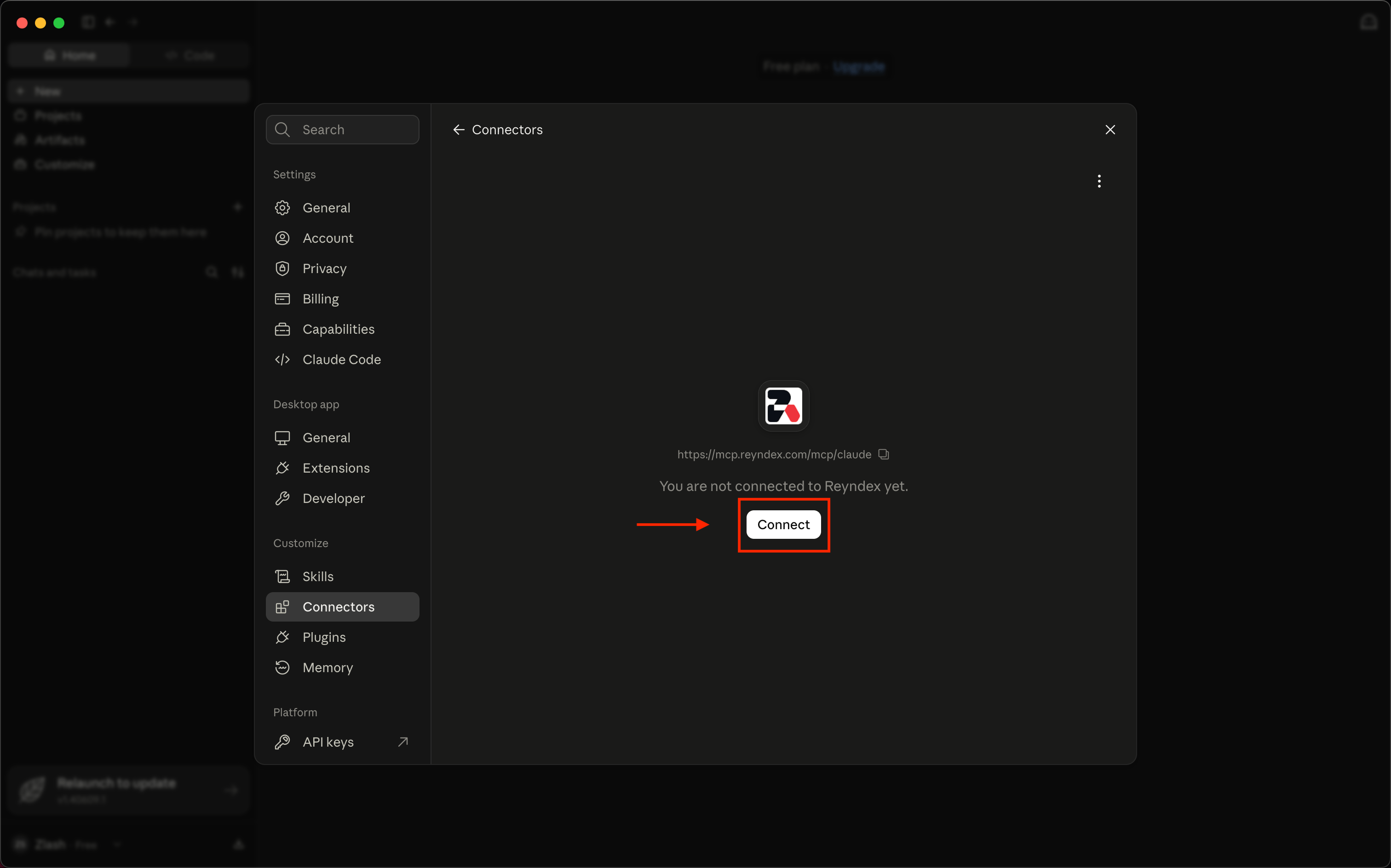 Claude Reyndex connector page with the Connect button highlighted