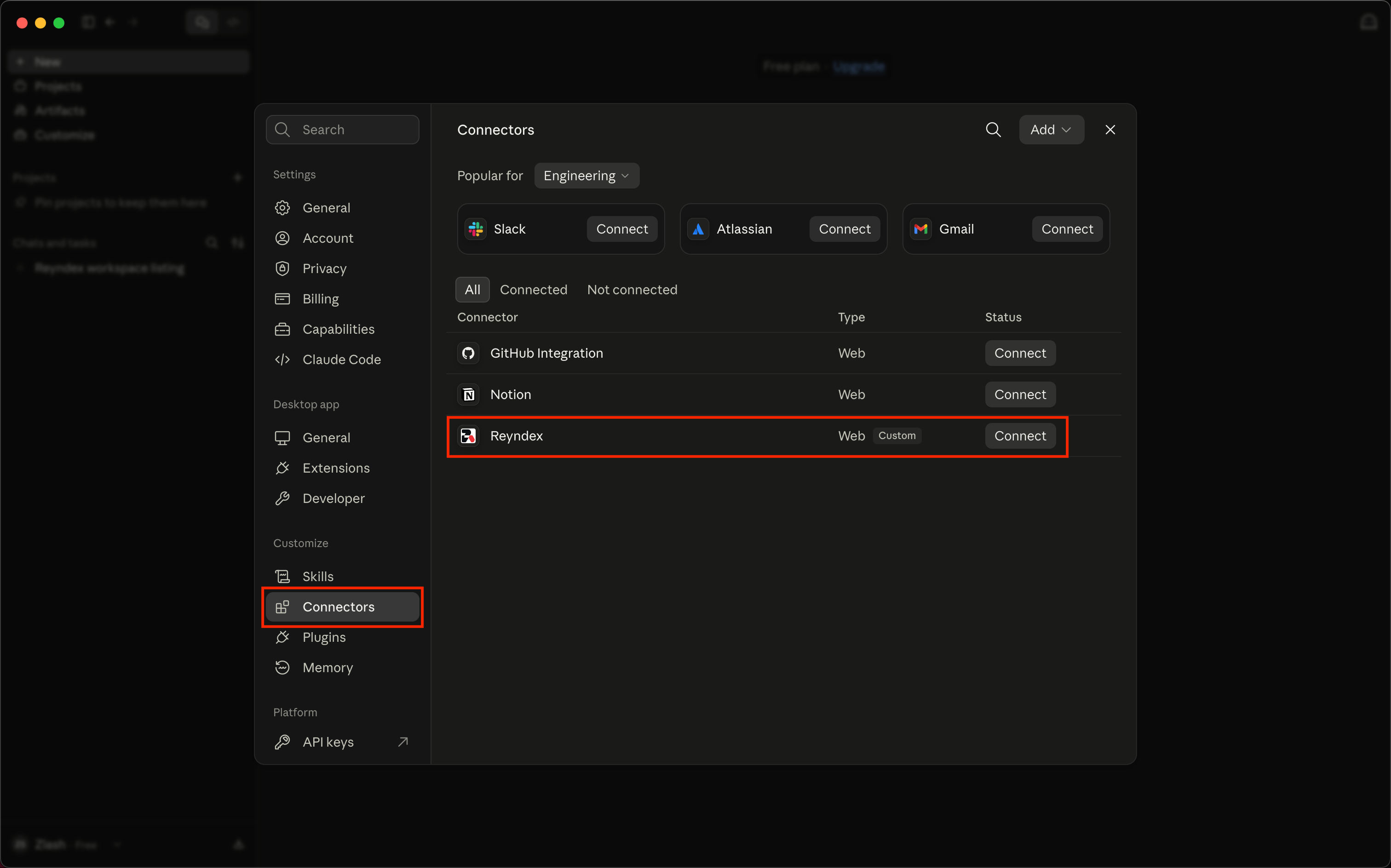 Claude Desktop Connectors settings listing the Reyndex custom connector with Connect highlighted