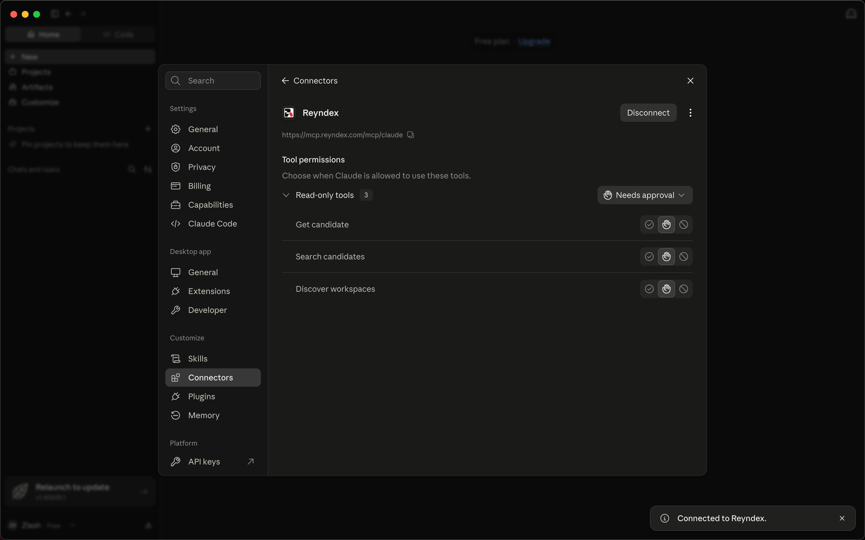 Claude Reyndex connector settings showing three read-only tools and Needs approval permissions